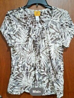 Ruby Rd. Layered Abstract Brown & Tan Top w/Attached Shell Pleated Neck  Size L